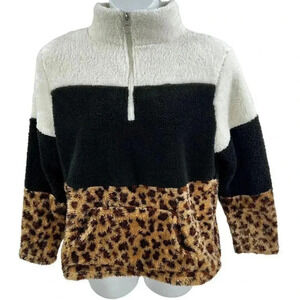 Le Moda Womens Lg Top Leopard Blk Off White Colorblock Fleece Pouch Pocket Boho